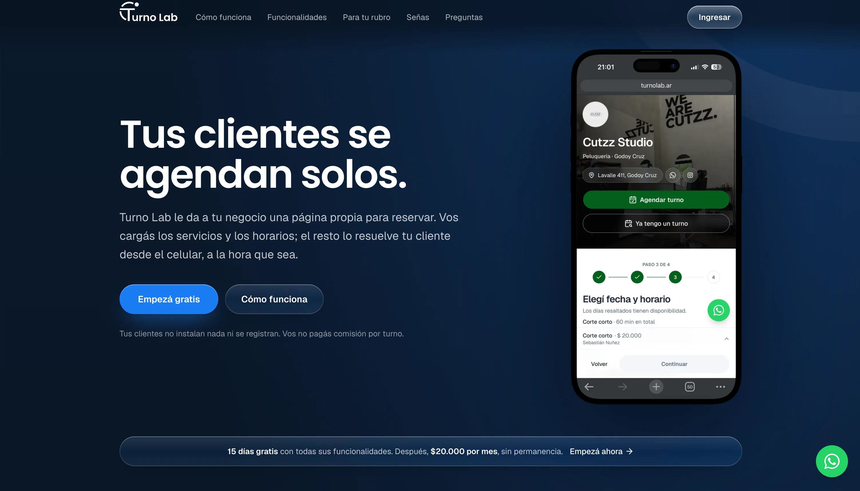 Página de inicio de Turno Lab, con el título «Tus clientes se agendan solos» y un celular mostrando la página de reservas de una peluquería.